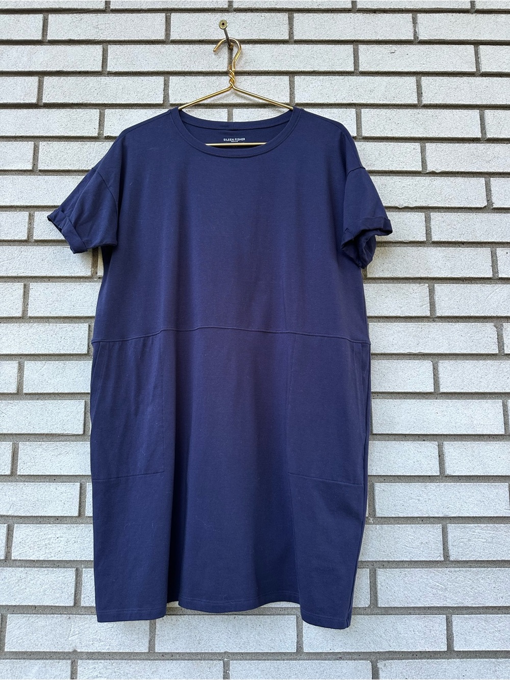 Eileen Fisher PL Navy Blue Organic Cotton T-Shirt Shift Dress Pockets Petite